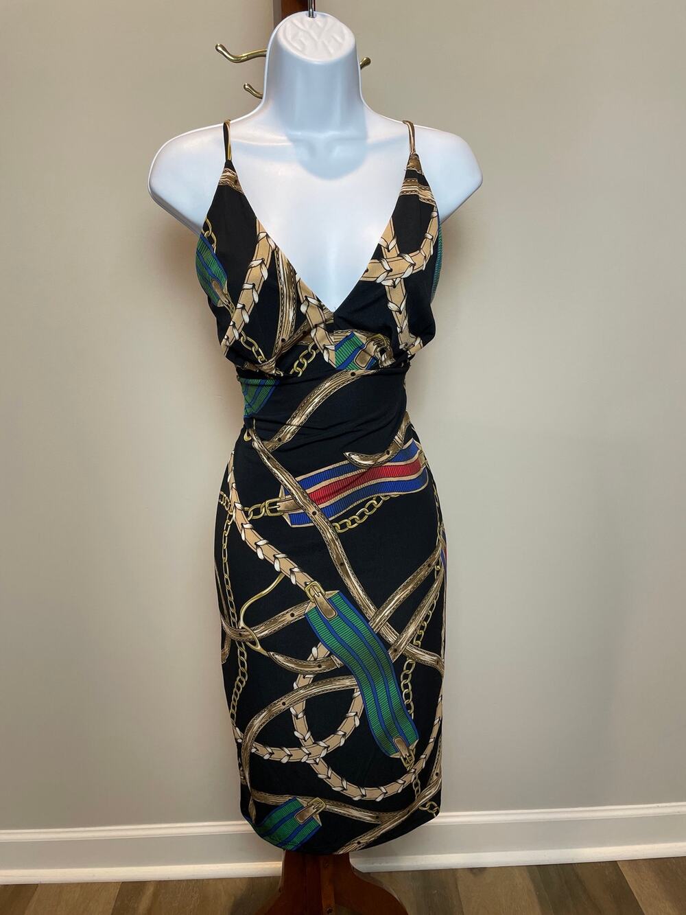 GenX Black Gold Chain Bodycon Dress M Strappy Plunge Open Back NWT USA Made